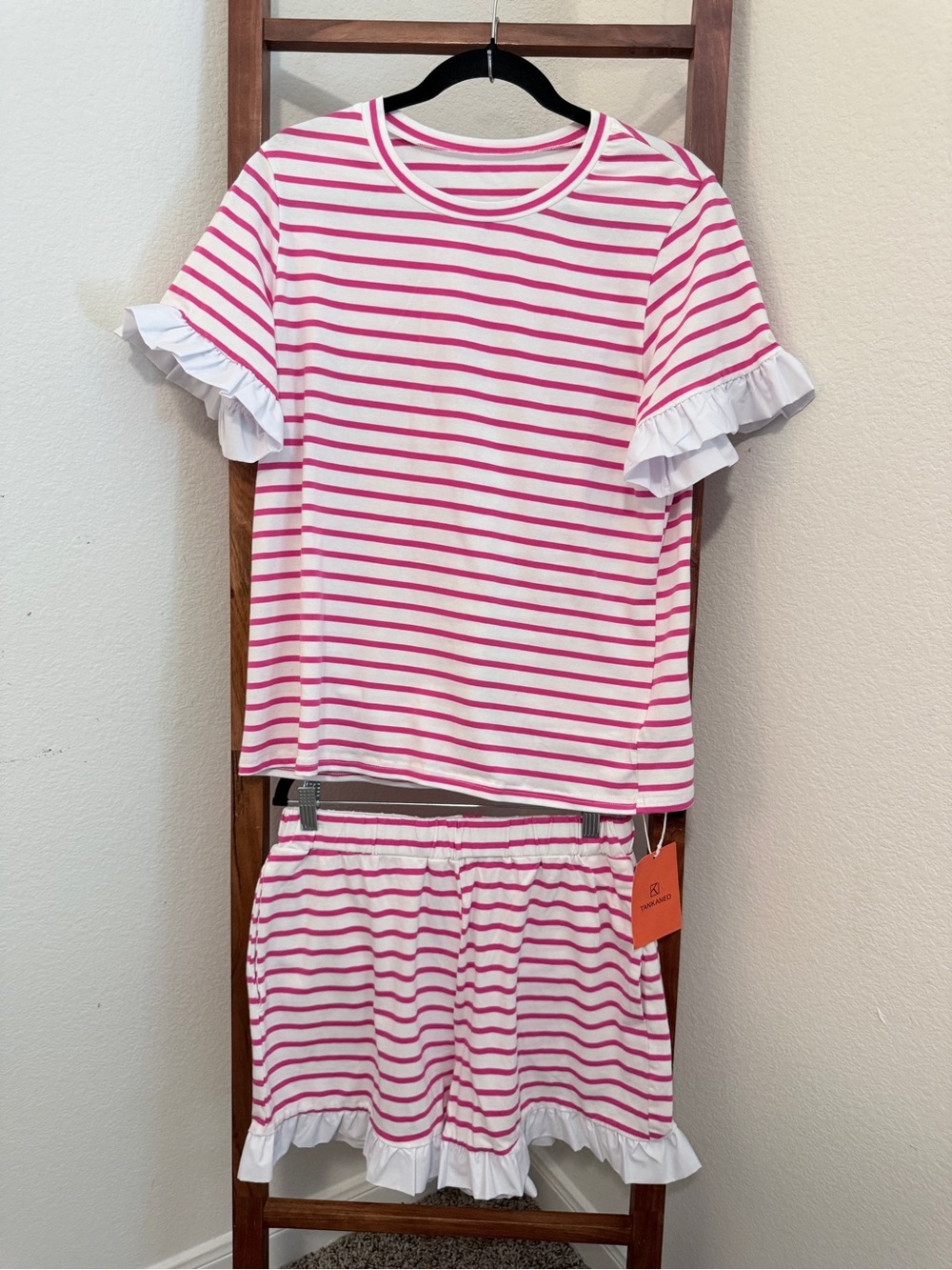 Women’s Pink & White Striped Ruffle Skirty Set Size Medium NWT